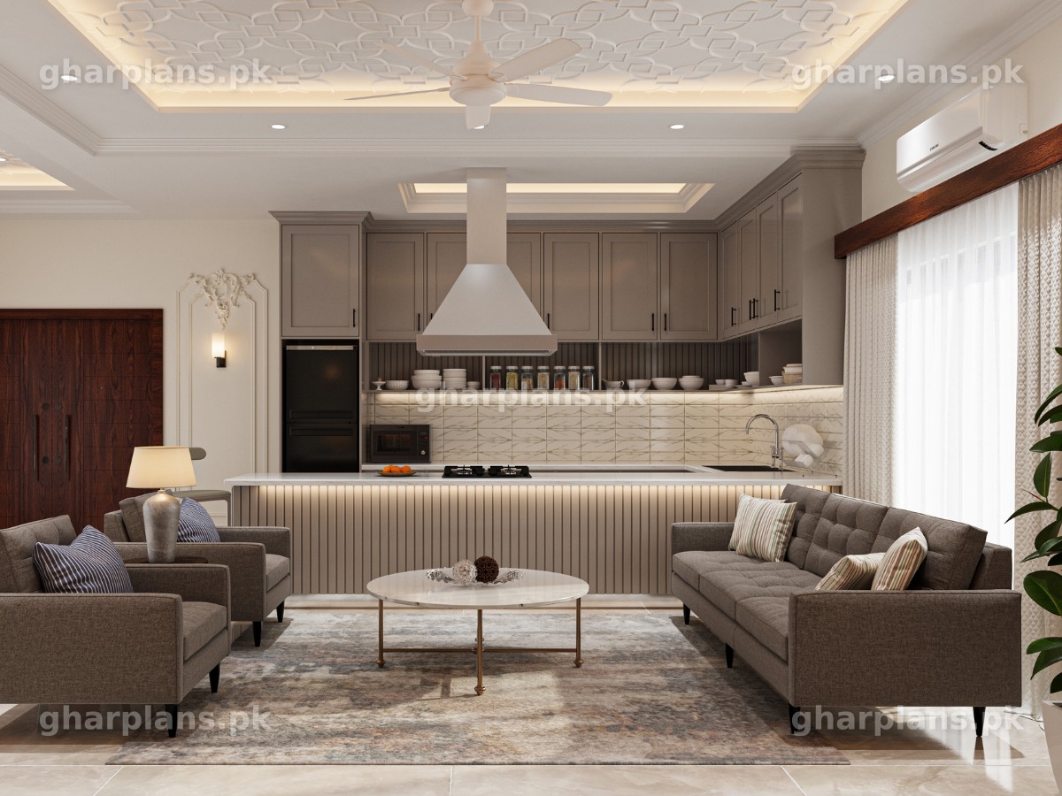 Elegant Open Kitchen and Sitting Interior Design in Pakistan | GHAR Plans