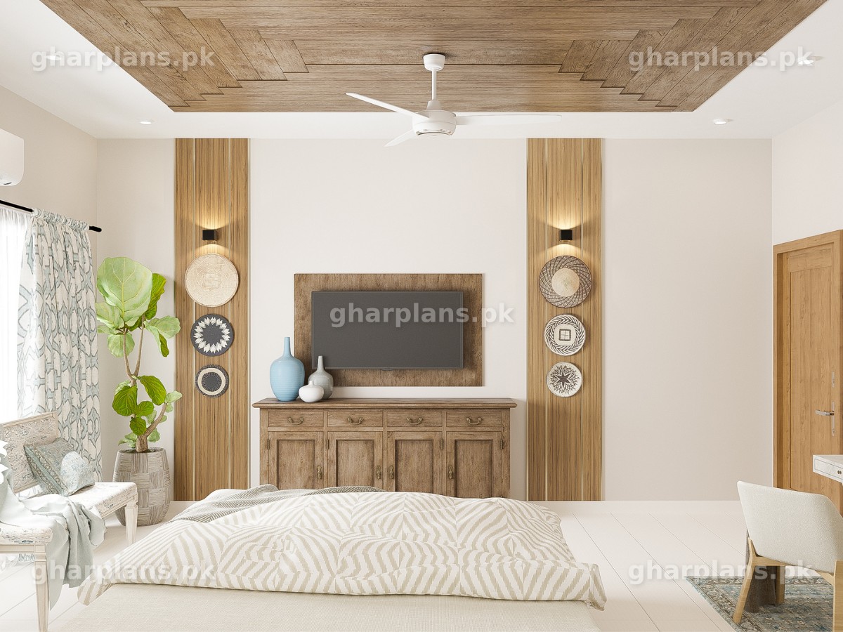Pakistani Bedroom Design with Wood Ceiling | GHR Plans